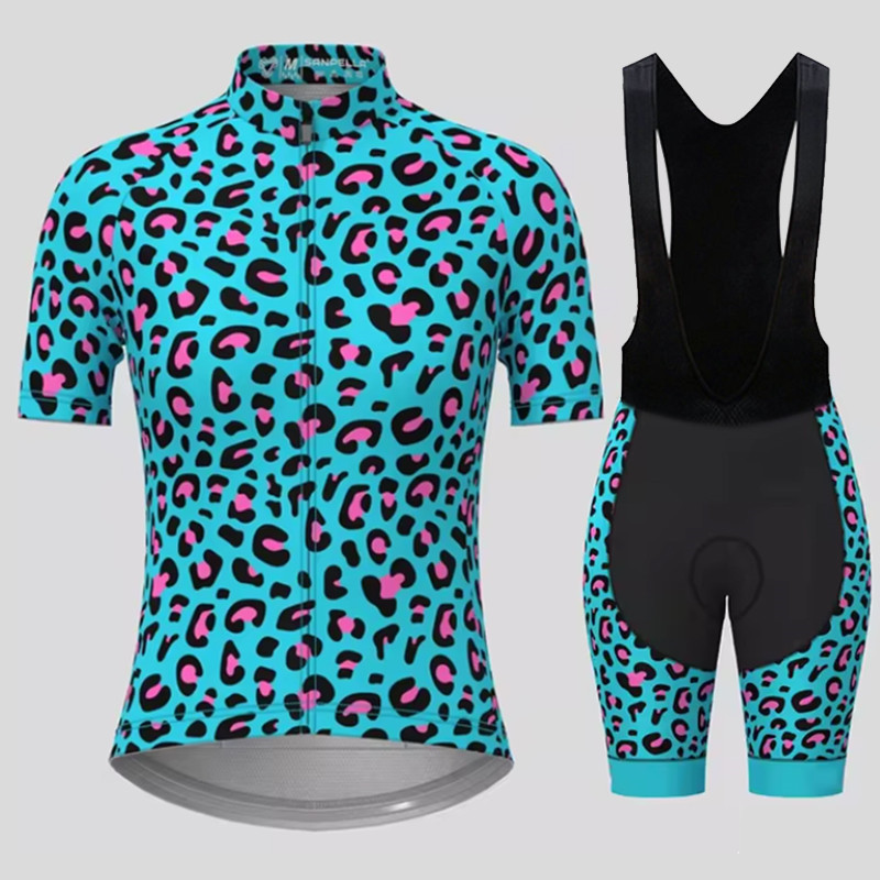 Cycling Gear Brands - Ademend fietspak voor heren, blauwe luipaardprint,